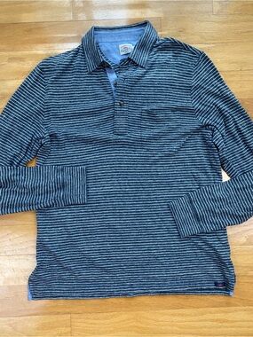 Faherty Polo Shirt Mens Small Gray White Striped Long Sleeve Organic Cotton